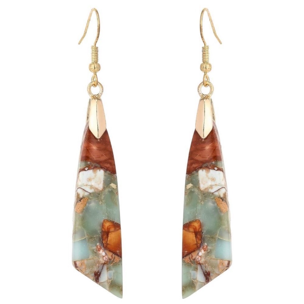 18k Gold Plated With Natural Agalmatolite Stone French Wire Drop Hook Earrings